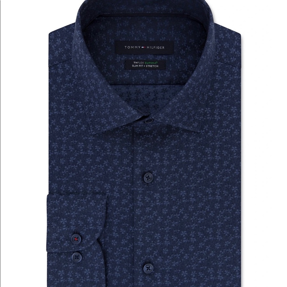 Tommy Hilfiger Men’s Slim Fit Thflex Stretch Dark Blue Floral Print Shirt M
